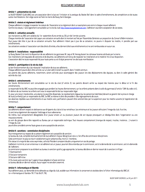 reglement intérieur